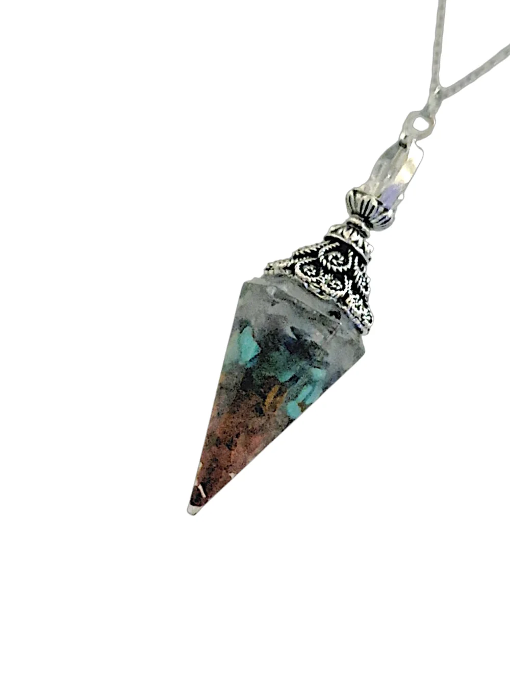 Multicolor Crystal Point Pendant w/ Iridescent Blue-Green & Stainless Steel Chai
